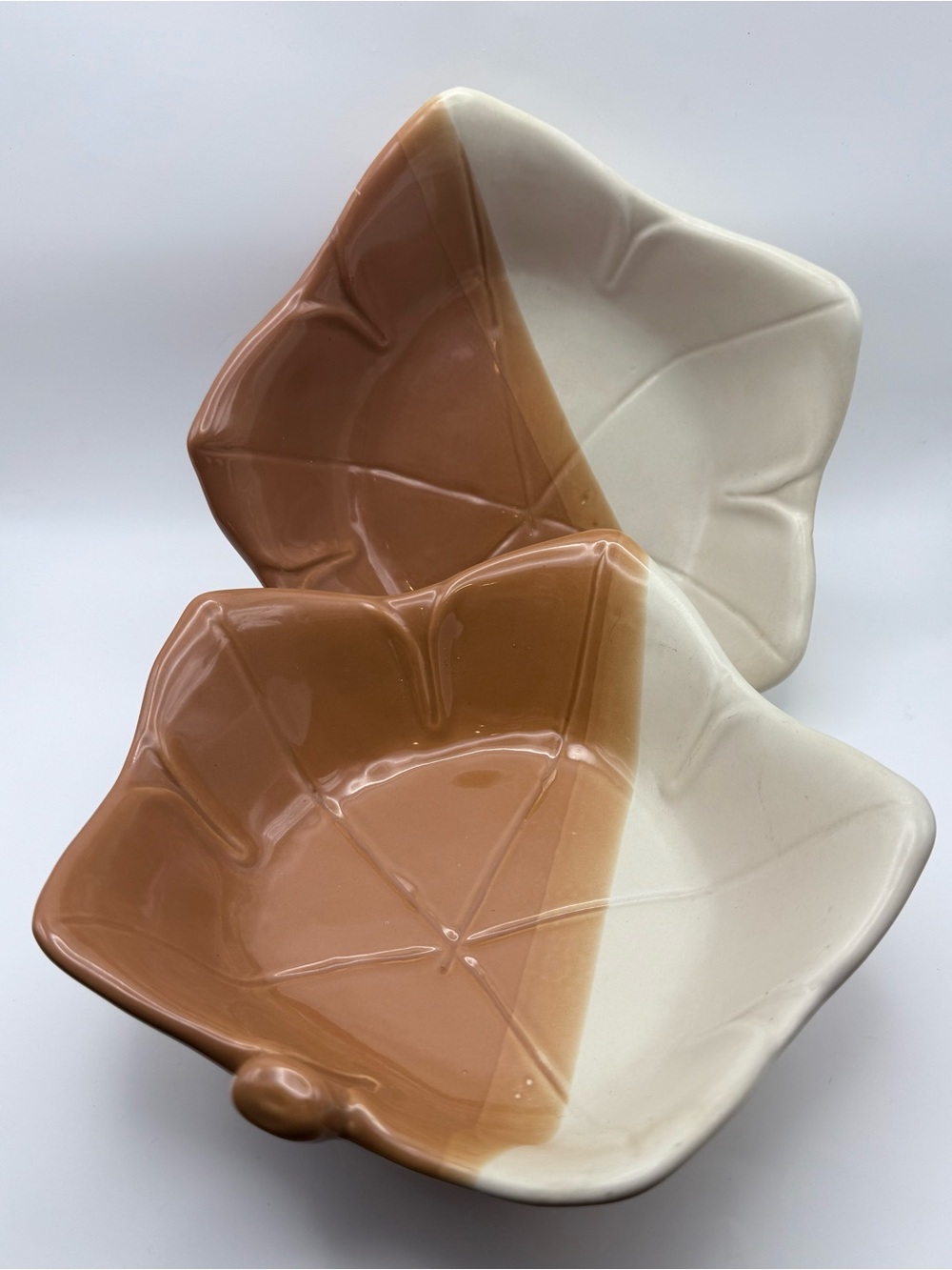 Vintage 70s Ceramic Leaf Dishes Set 2 Mid Century Caramel Cream Fall Decor
